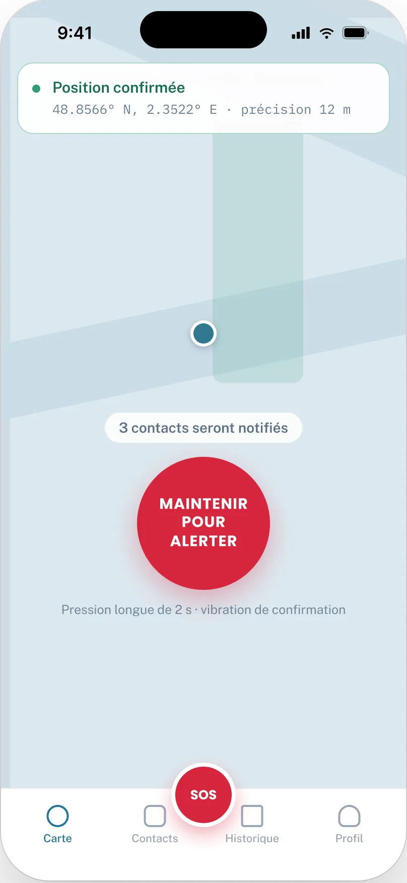 Maquette de l’écran principal de WanderSafe : la carte avec le bouton « Maintenir pour alerter »